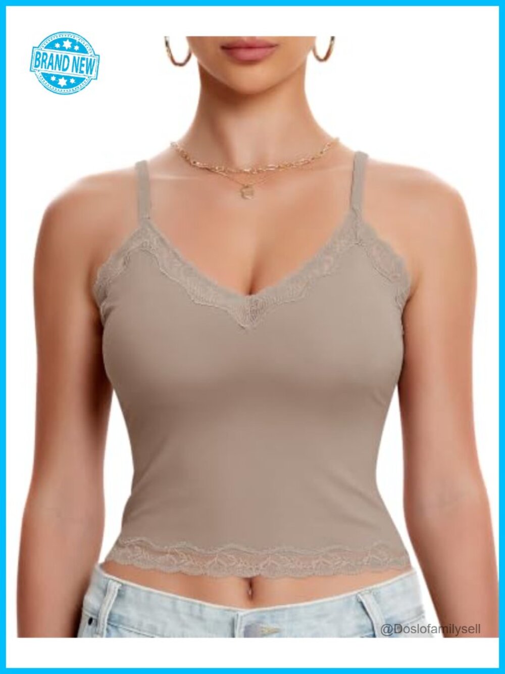 Padded Lace Trim V-Neck Cami, Removable Pads, Adjustable Straps